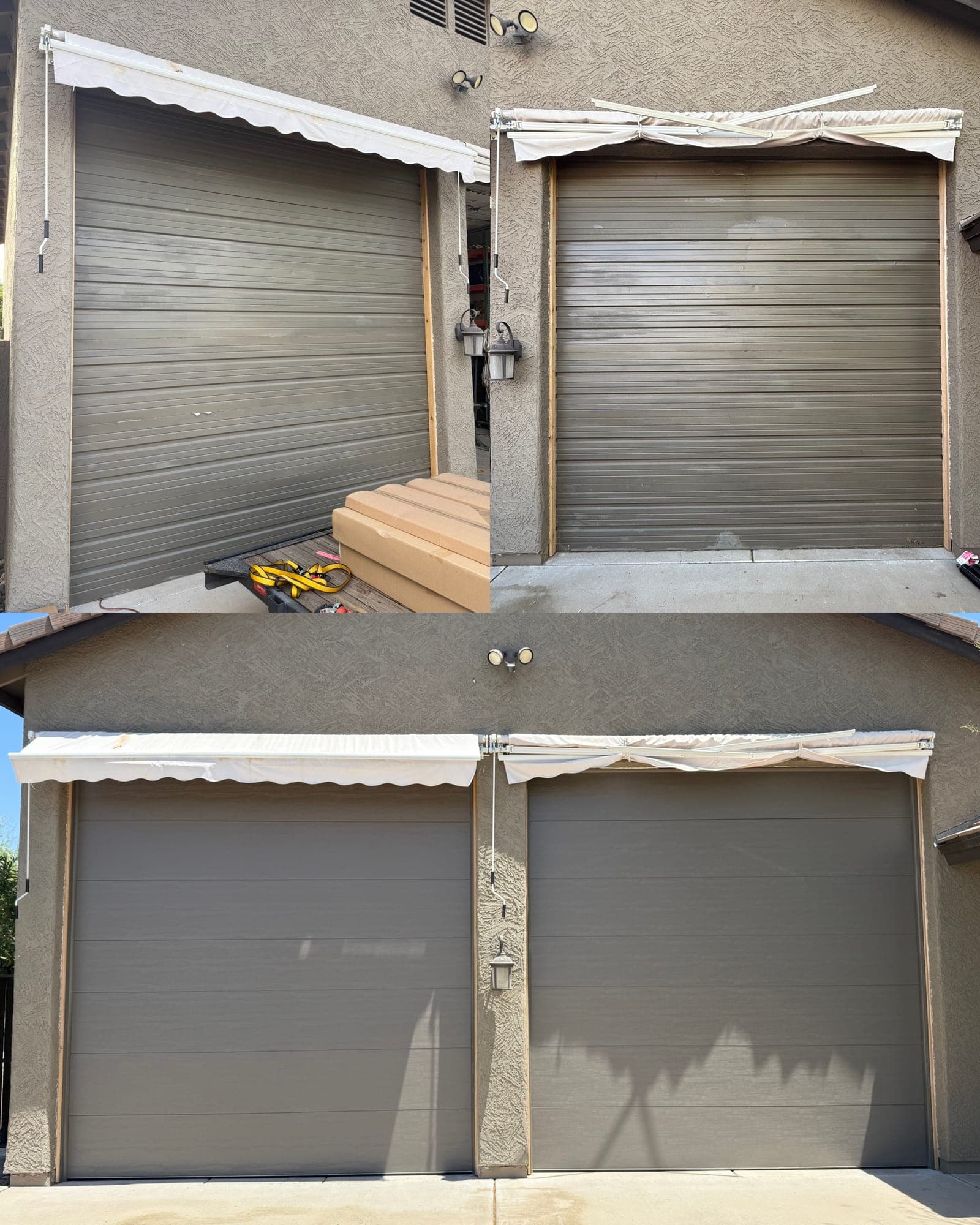 Garage Door Replacement Glendale Before-and-after garage door replacement in Glendale, AZ — old worn doors replaced with new grey flush-panel doors