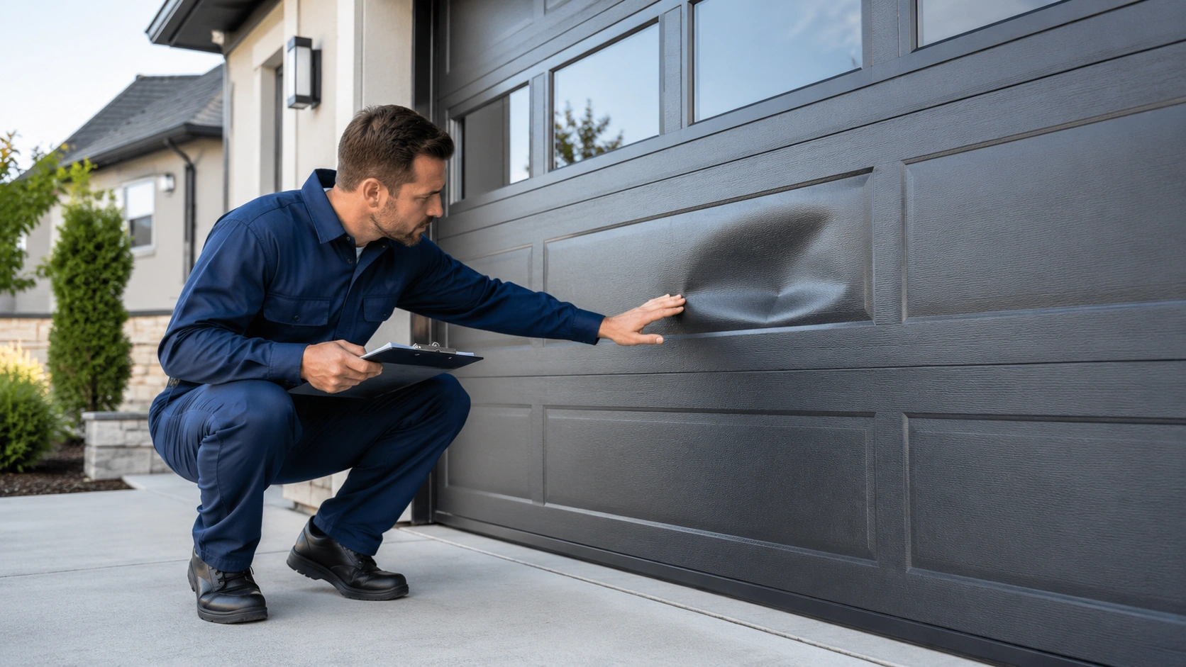Inspecting damage on a garage door